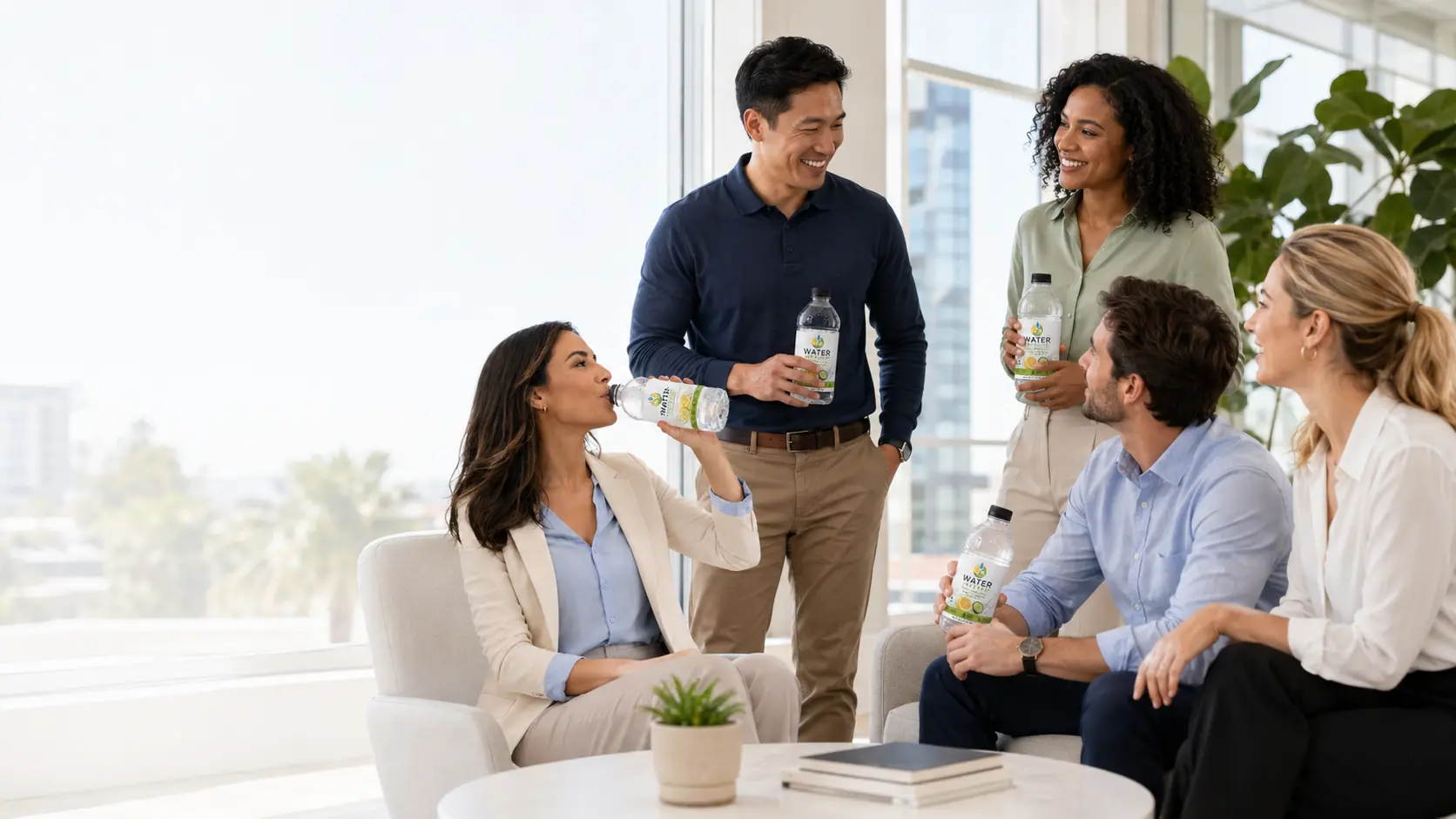 A group of coworkers enjoying WaterInfused lemon and cucumber water together in a bright office