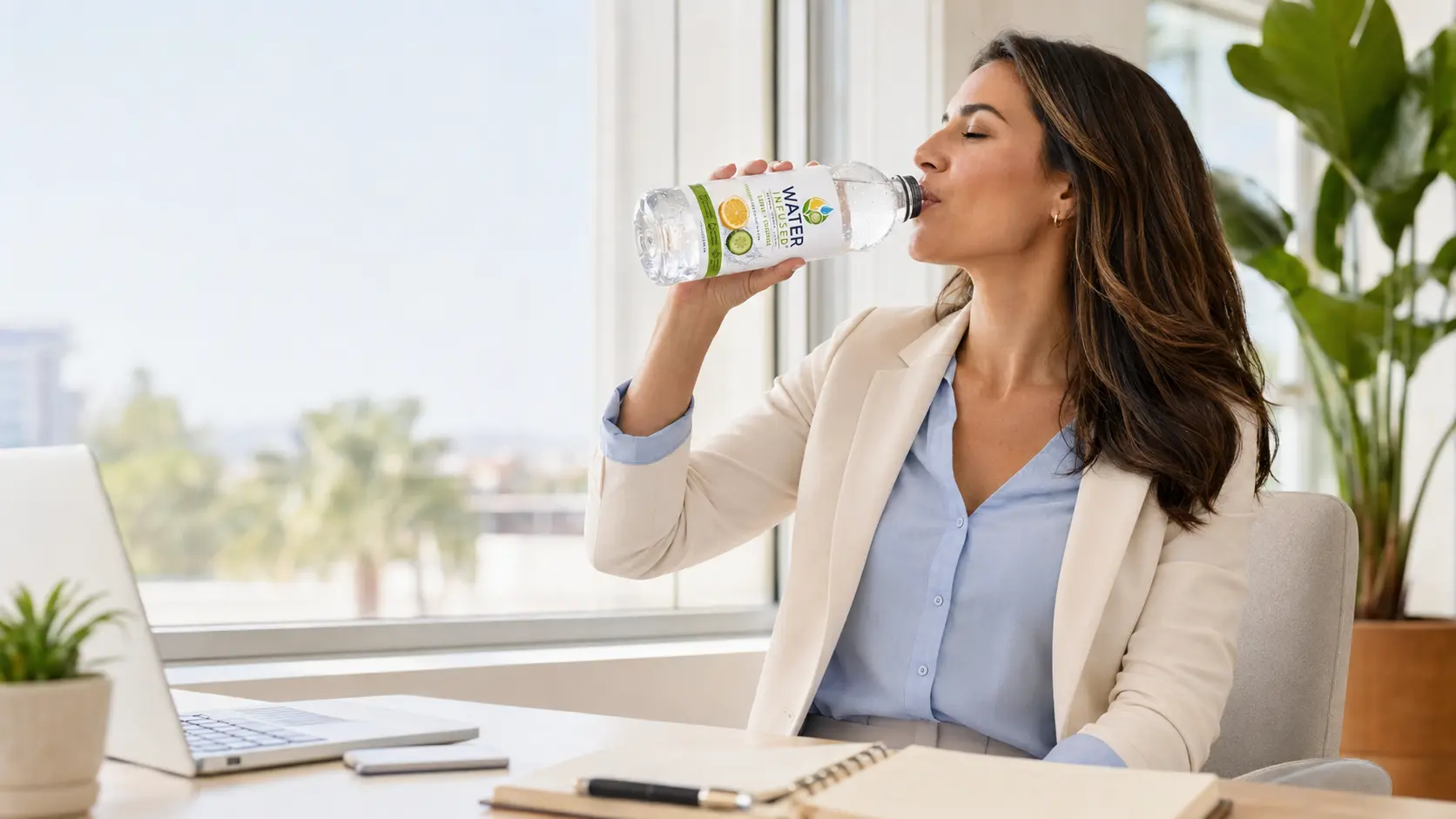 Woman enjoying WaterInfused lemon and cucumber water at her desk