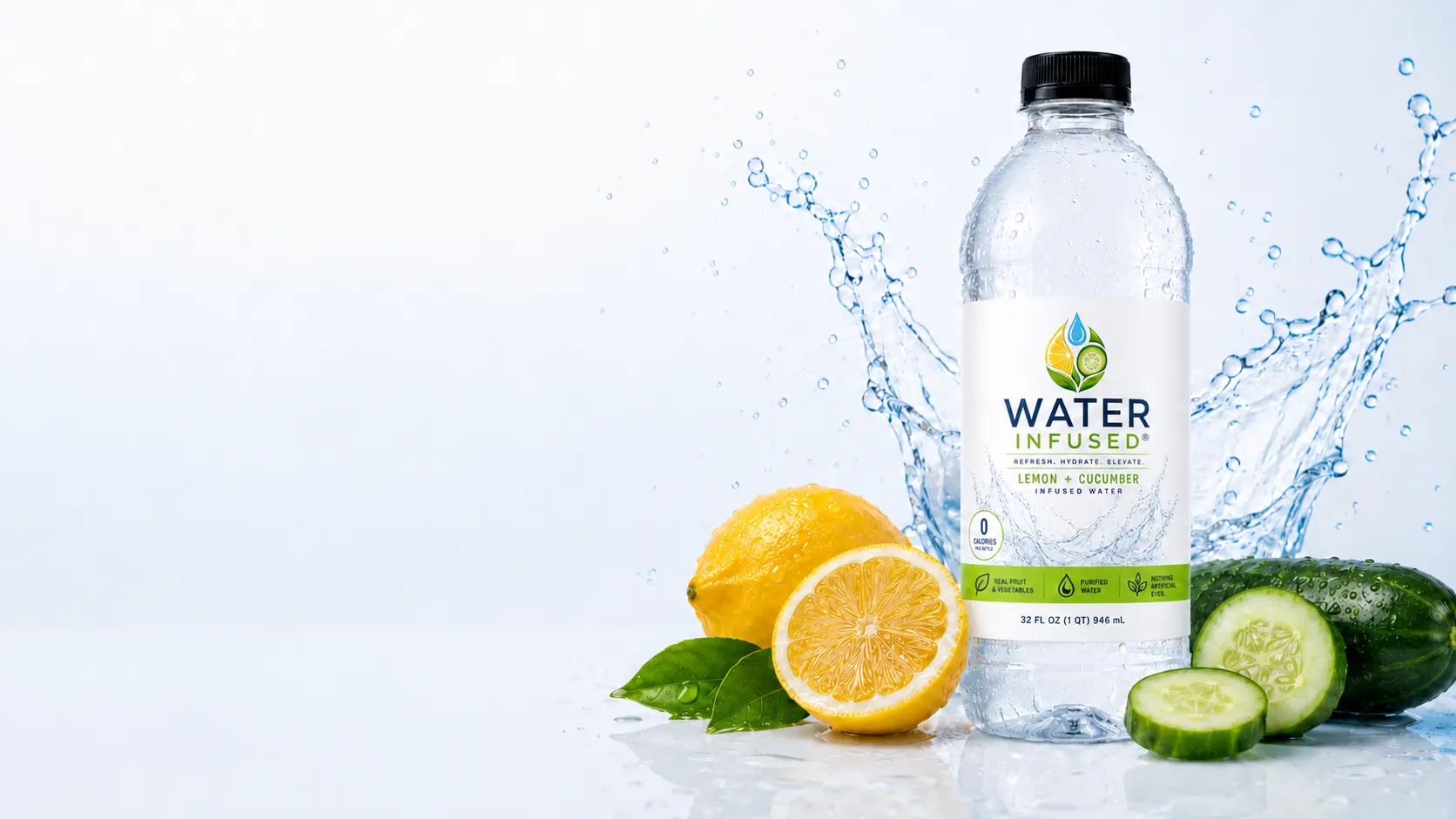 WaterInfused bottle with the white lemon-cucumber label, splashing water, lemons, and cucumbers